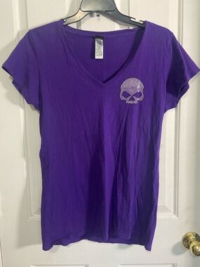 Harley-Davidson Purple V-Neck Tee with Sparkle Skull